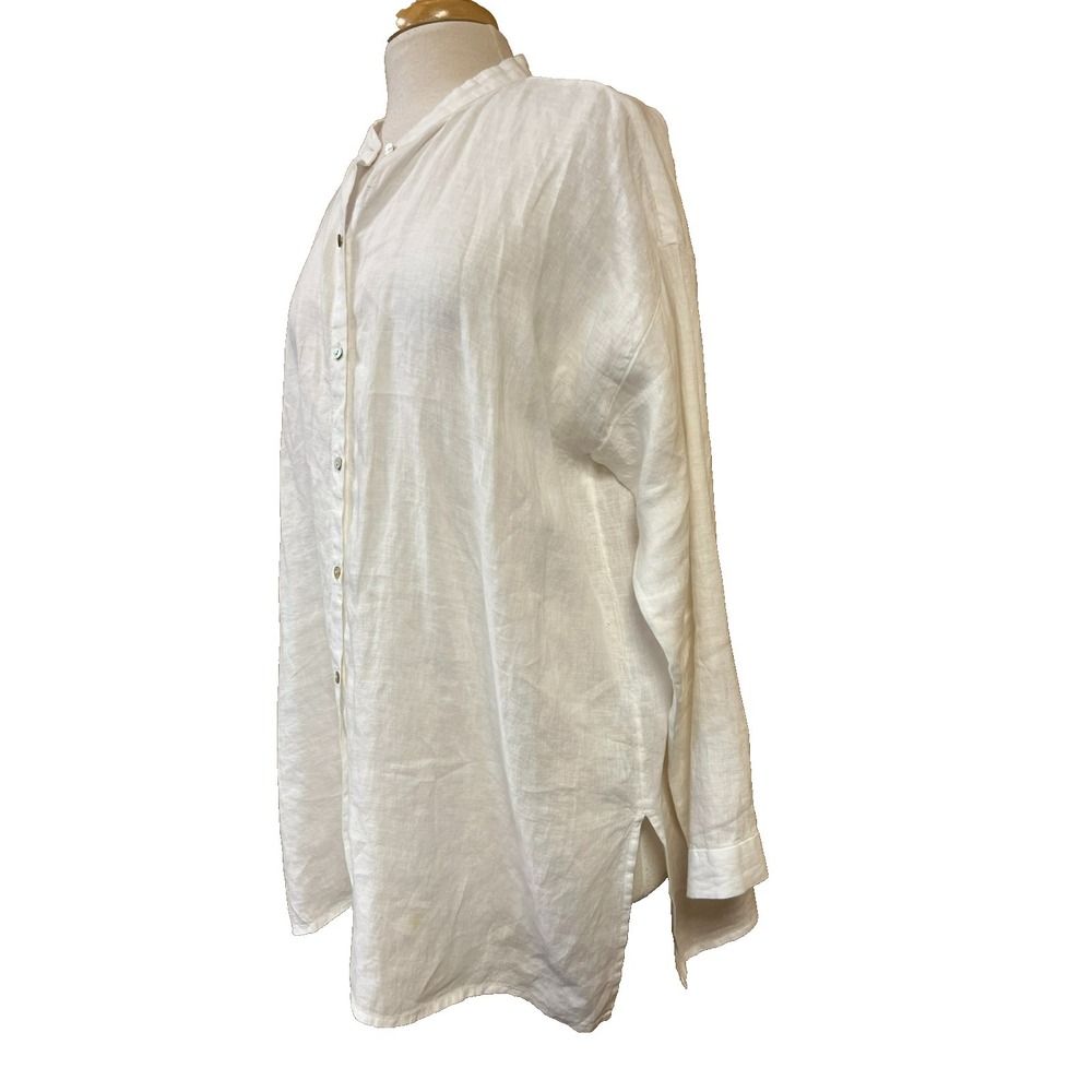 Eileen Fisher Over Size Button Up Blouse White Linen Long Drop Shoulder Sleeve M - Picture 4 of 11